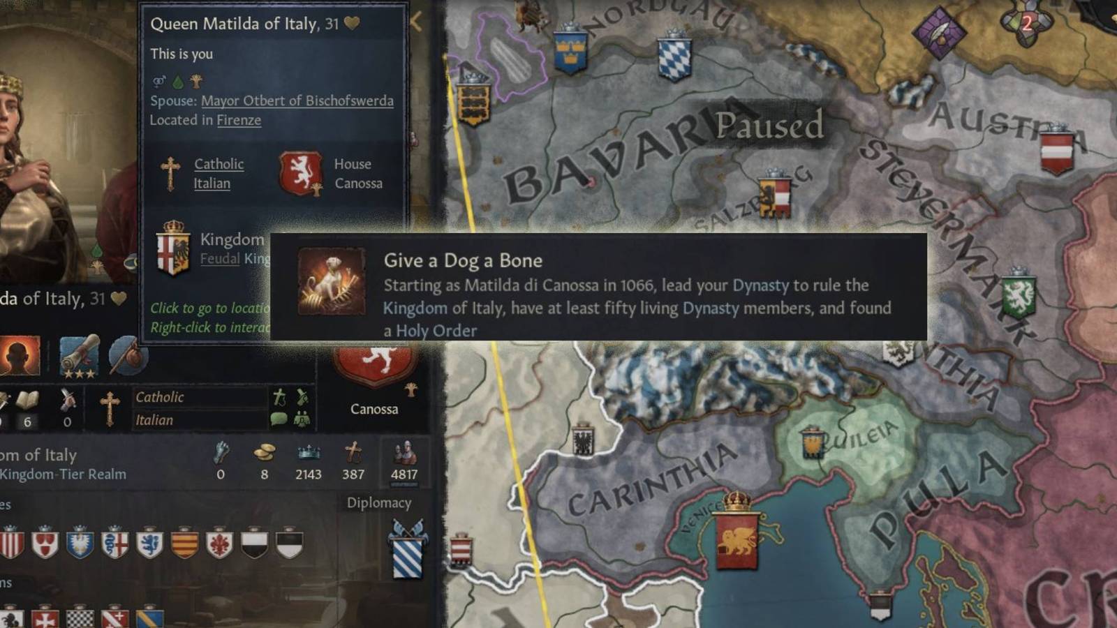Queen Matilda of Italy behind the Crusader Kings 3 achievement: Give a Dog a Bone