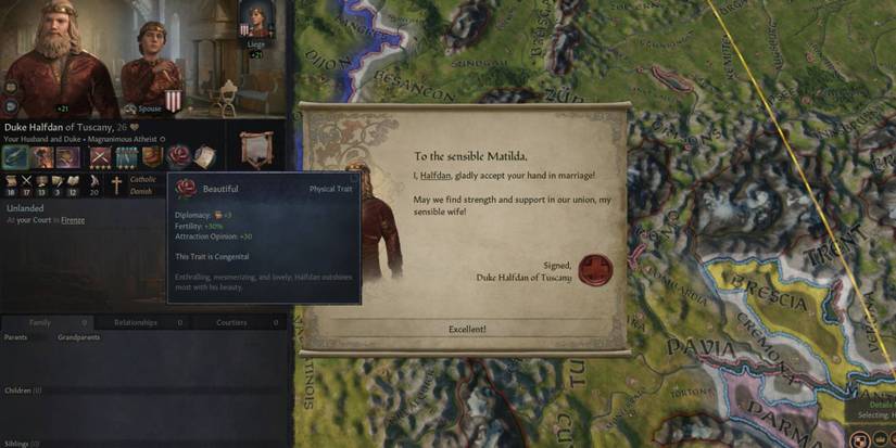 Duchess Matilda marrying Halfdan, a blonde man who has the 'beautiful' trait.