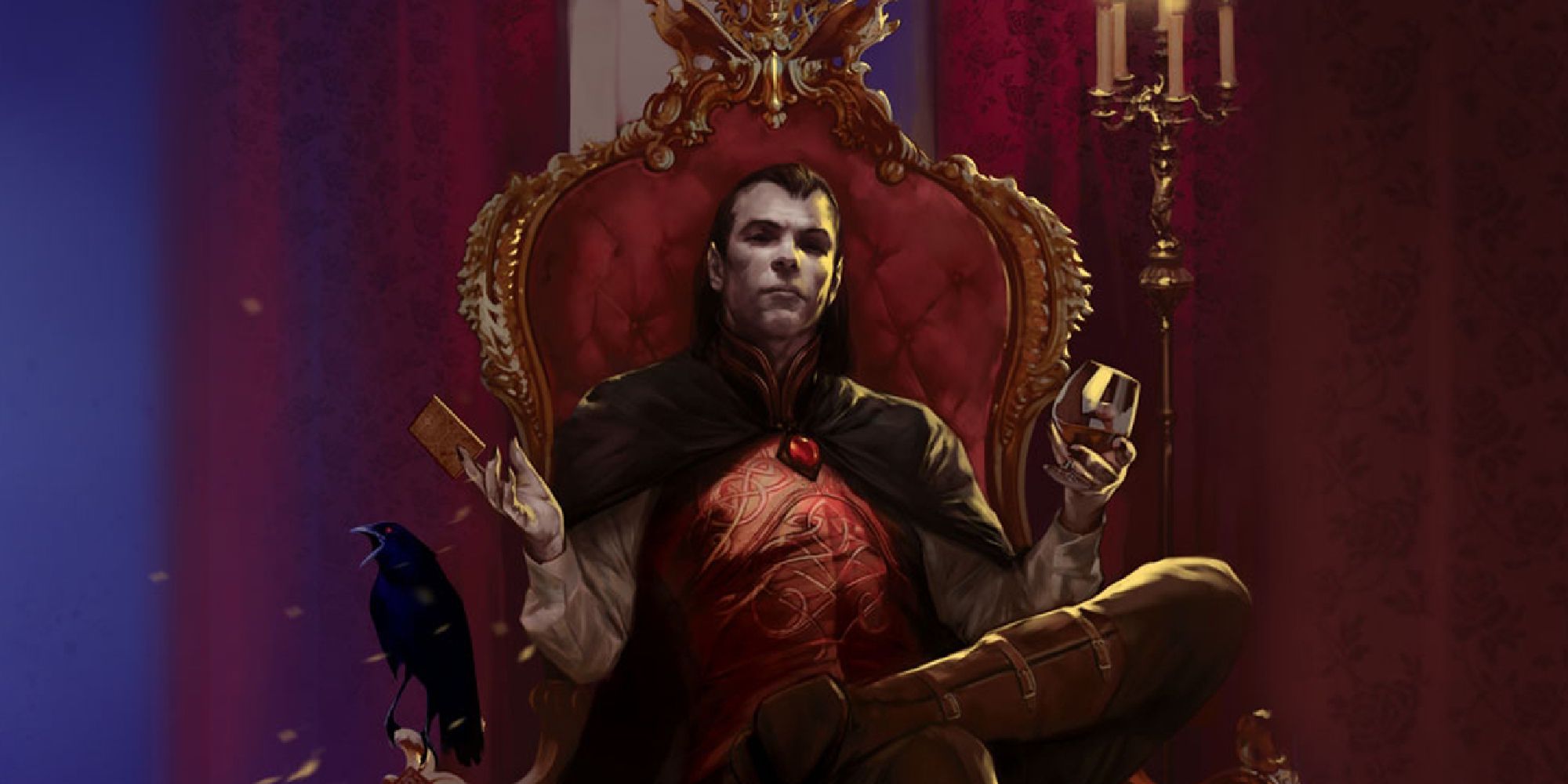 The vampire lord Strahd sits on a throne holding a glass of red liquid on one hand and a tarokka card in the other. 