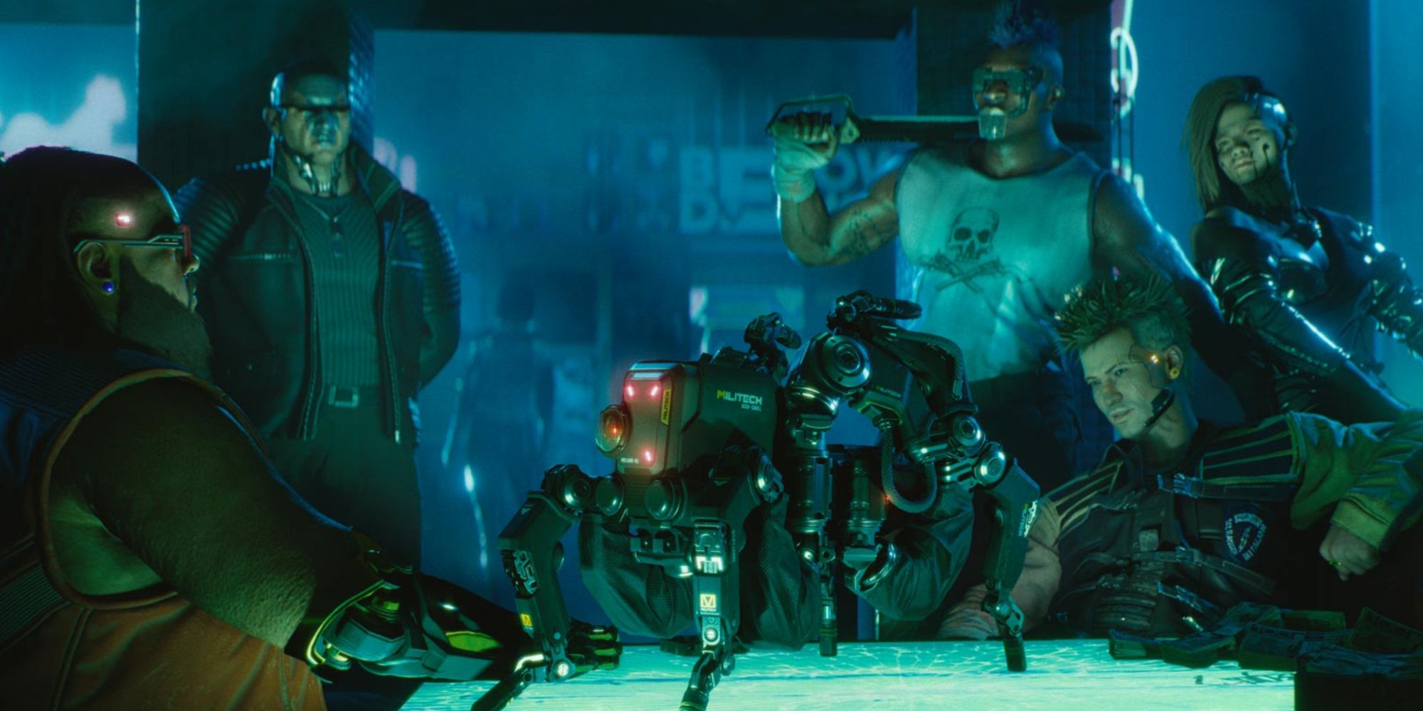 A spider-like robot on a table in a Cyberpunk 2077 trailer