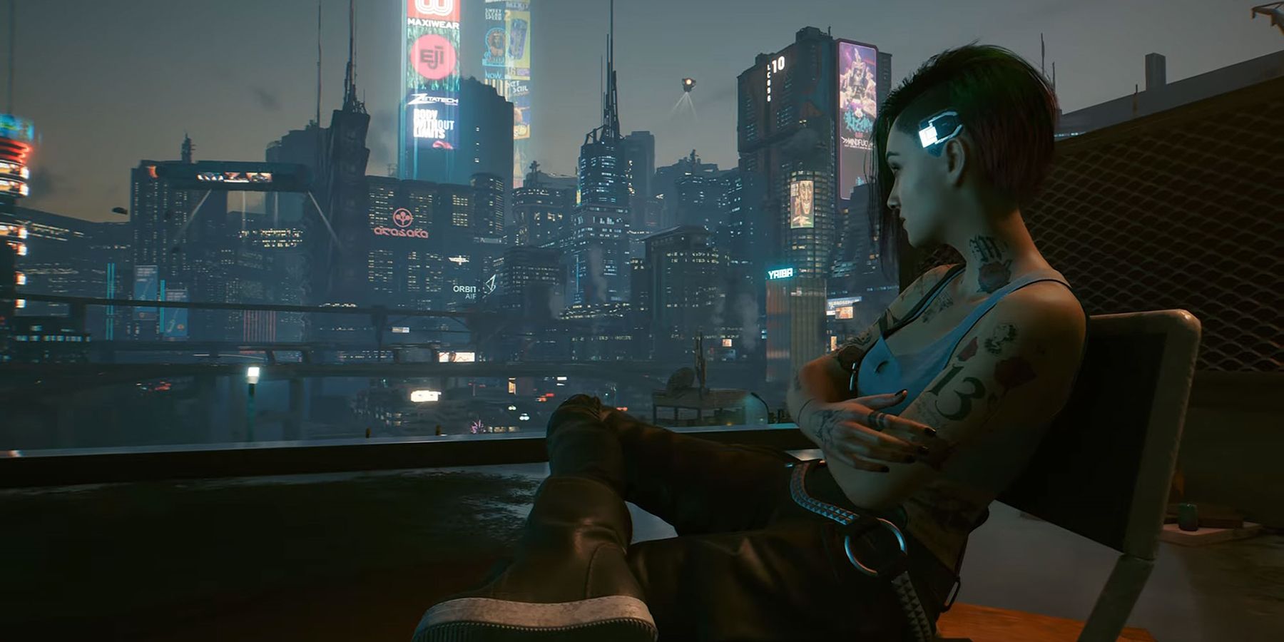 Woman looking out at Night City in Cyberpunk 2077