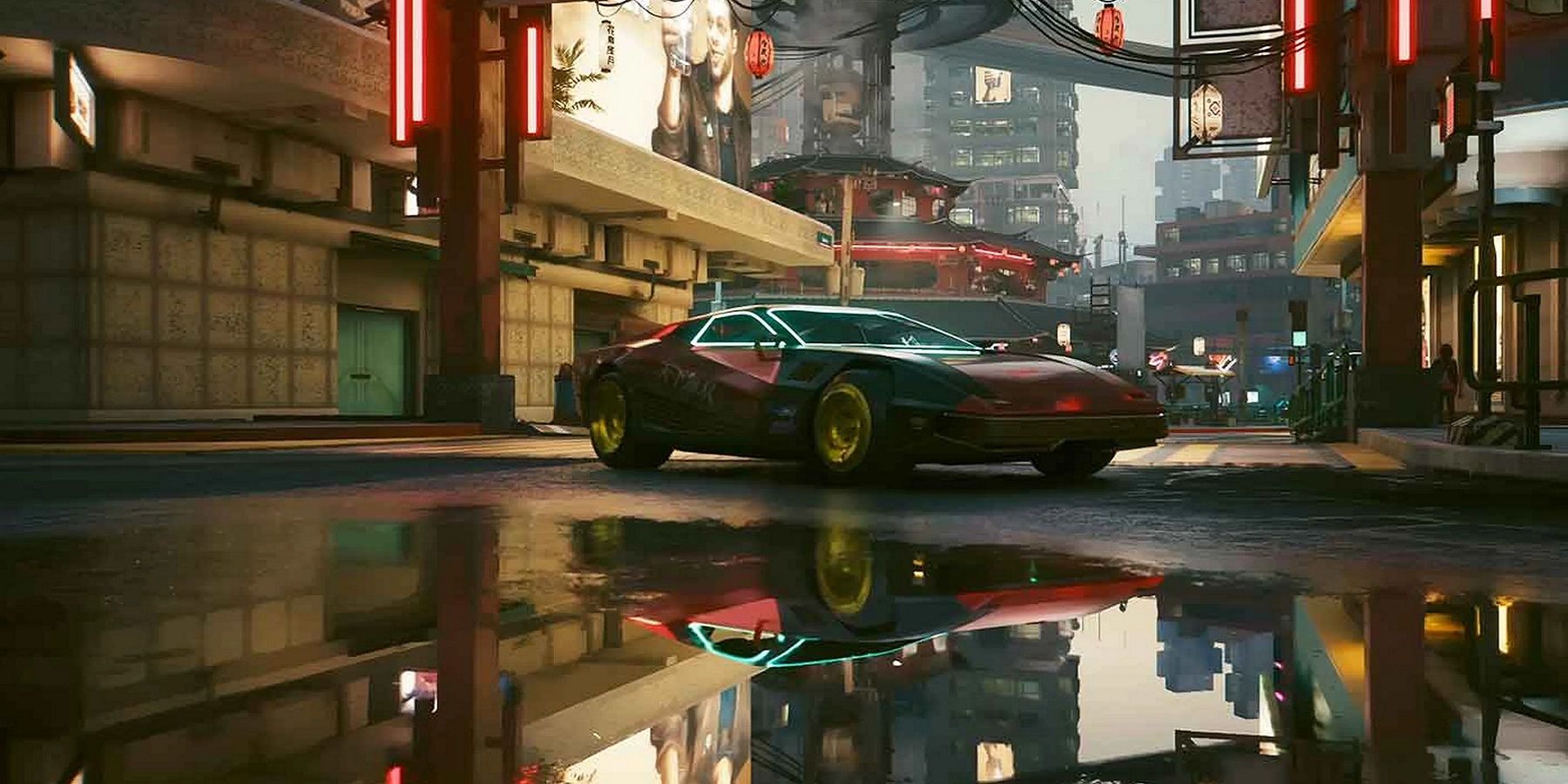 Detailed image from Cyberpunk 2077 showing a car in front of a reflective puddle.