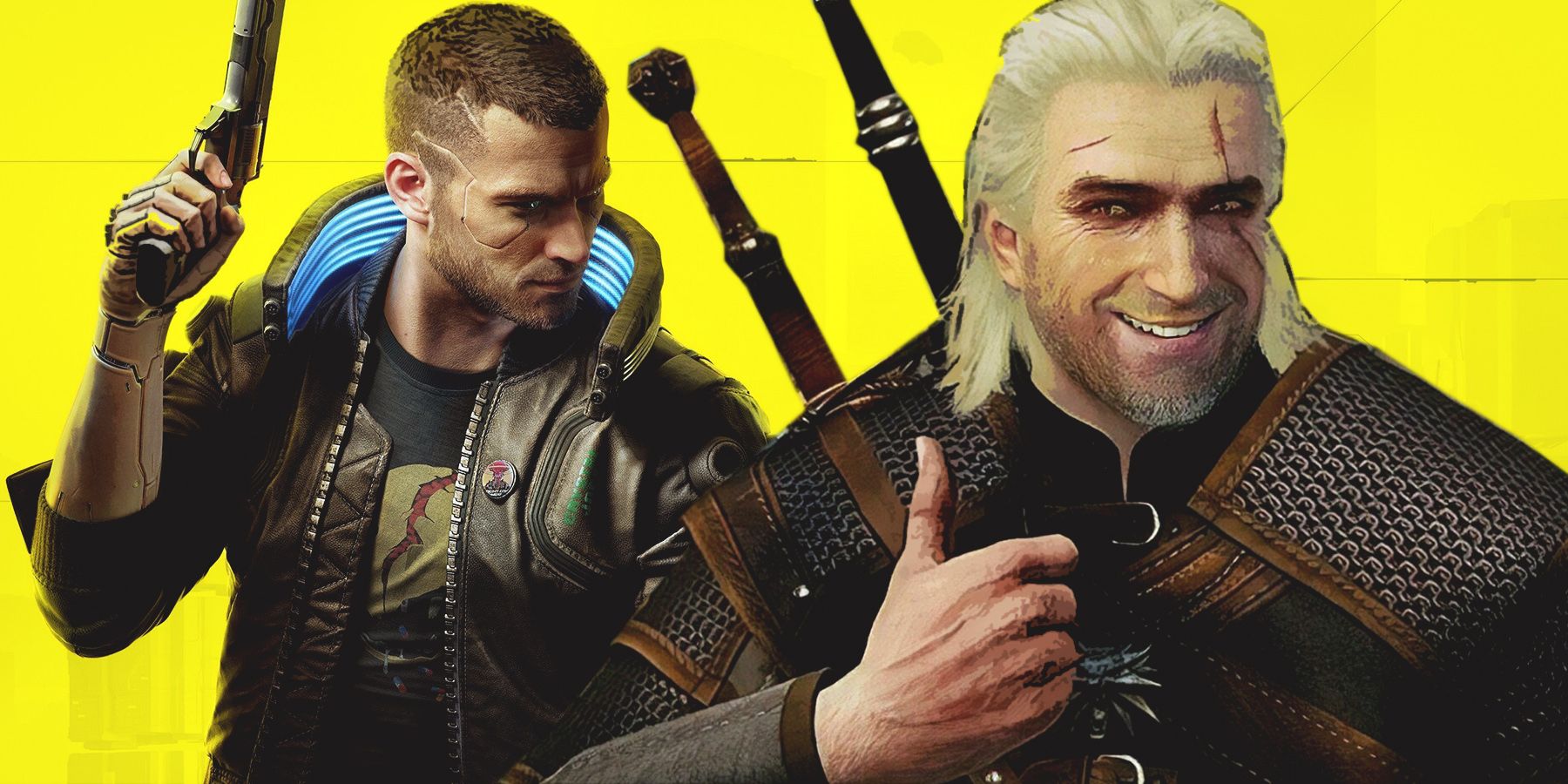 Cyberpunk 2077 V artwork with Geralt giving thumbs up