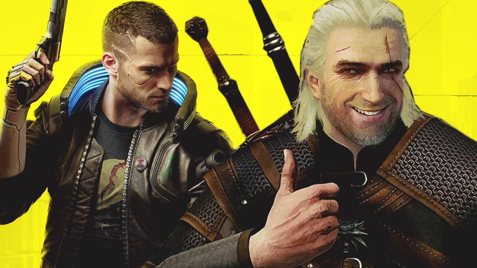 Cyberpunk 2077 V artwork with Geralt giving thumbs up