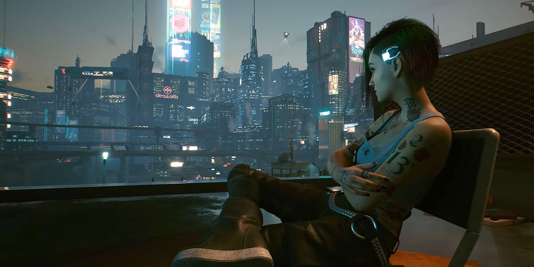 Cyberpunk 2077 V sits and looks over the night city