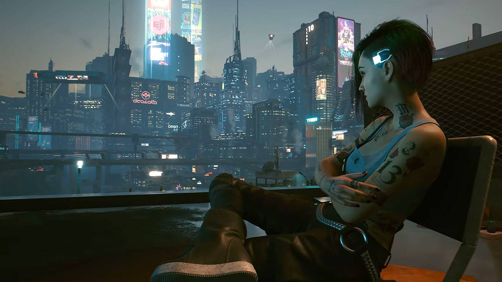cyberpunk 2077 V sitting looking over night city