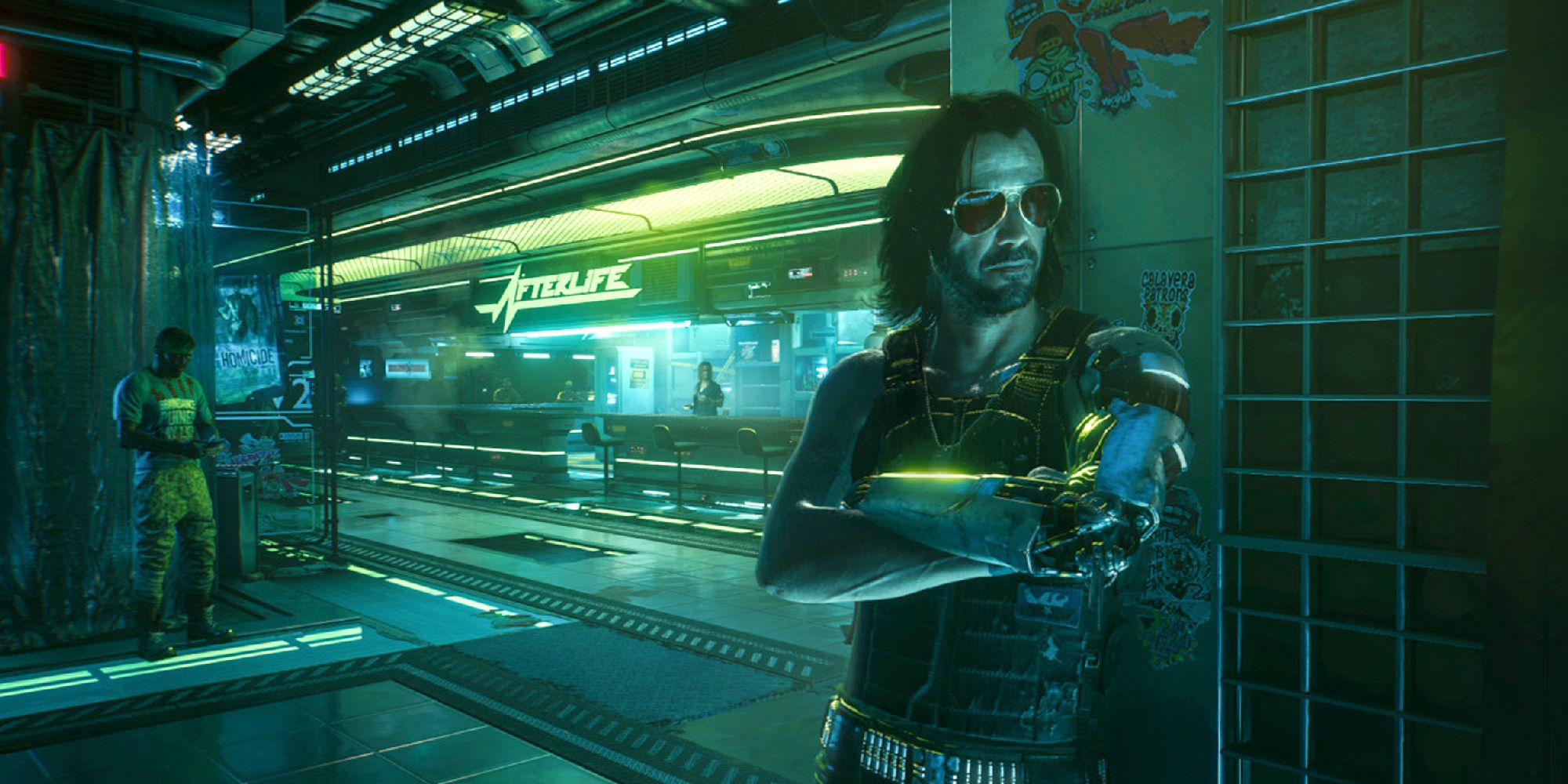 Johnny leaning against a wall with an air of disinterest in the neon green bar Afterlife in Cyberpunk 2077