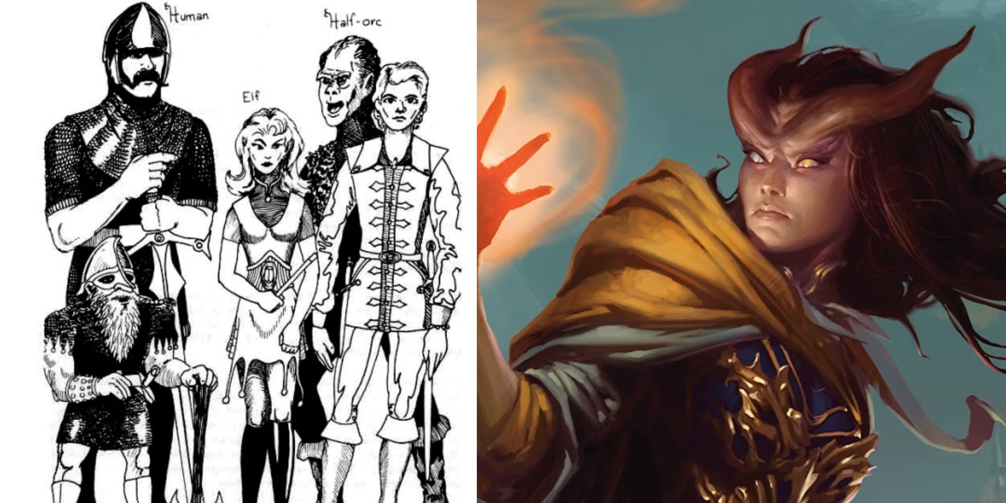 The limited selection of races from the 1st edition and an example of a tiefling from the 5th edition.