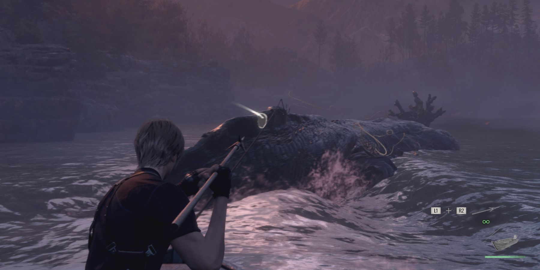 Leon aims a harpoon at Del Lago in Resident Evil 4 remake