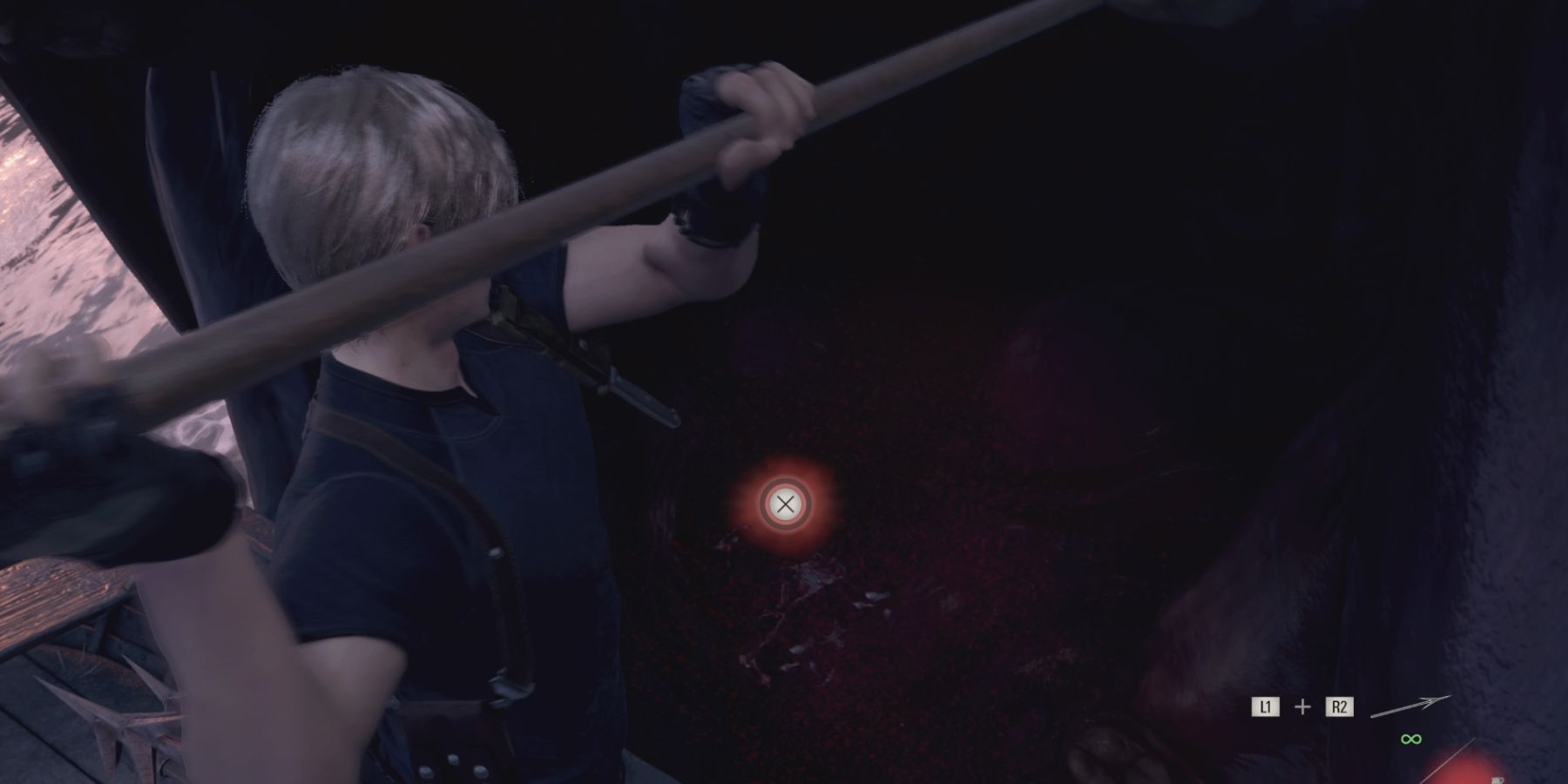 Leon prepares to stab Del Lago with a harpoon in Resident Evil 4 remake
