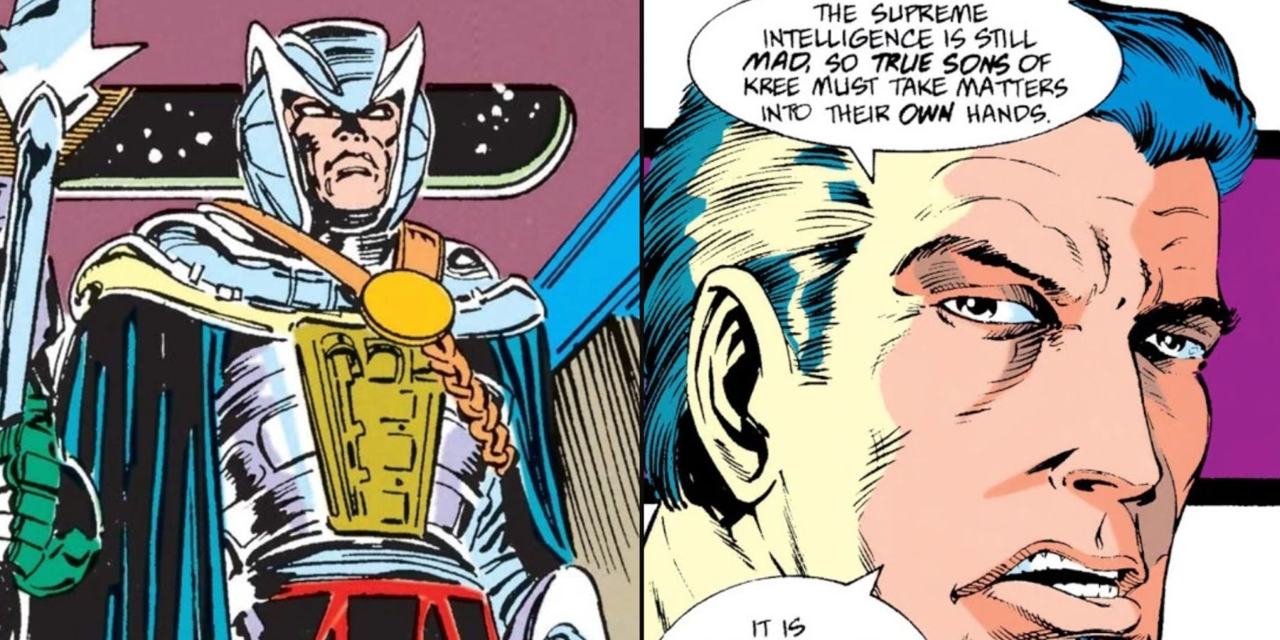 A split image features Dar-Benn in Kree armor and a closeup of Dar-Benn's face in Marvel Comics