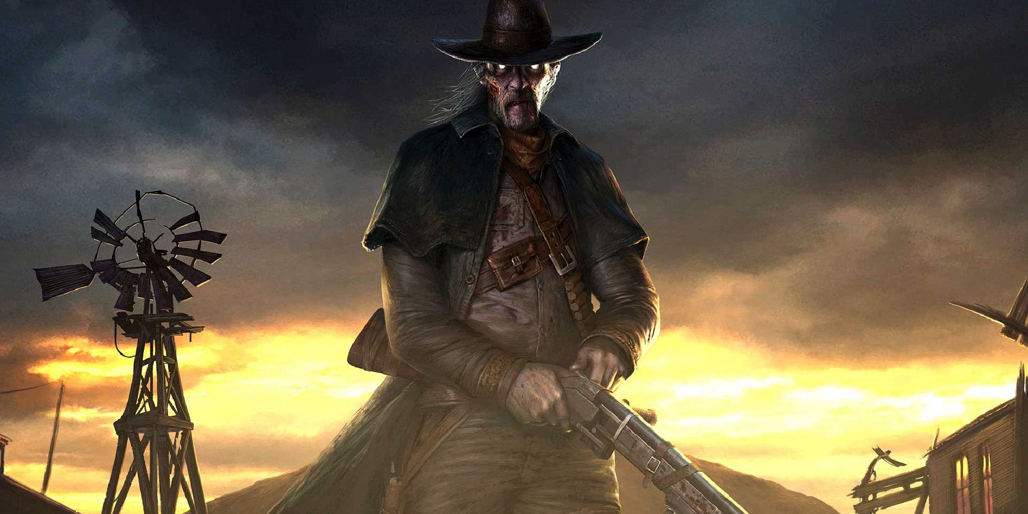 The Deathslinger standing with his gun at the ready on the Dead Dawg Saloon map, 