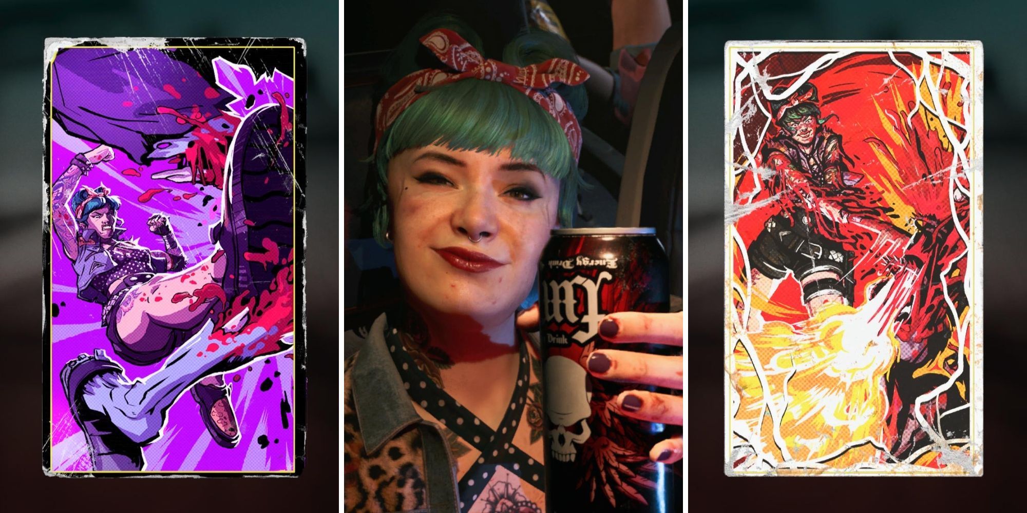 A grid of images showing Dani in the middle with two skill cards either side of her in Dead Island 2