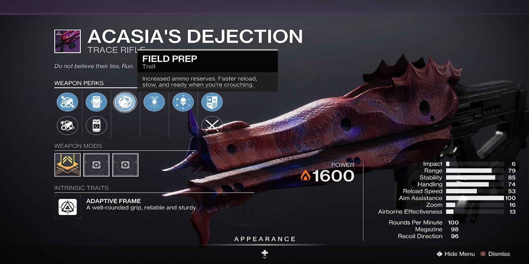 Destiny 2-Acasia's Dejection Perk Selection Screen