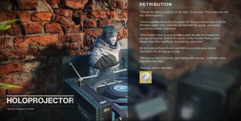 The ending dialogue screen of Destiny 2's Retribution quest