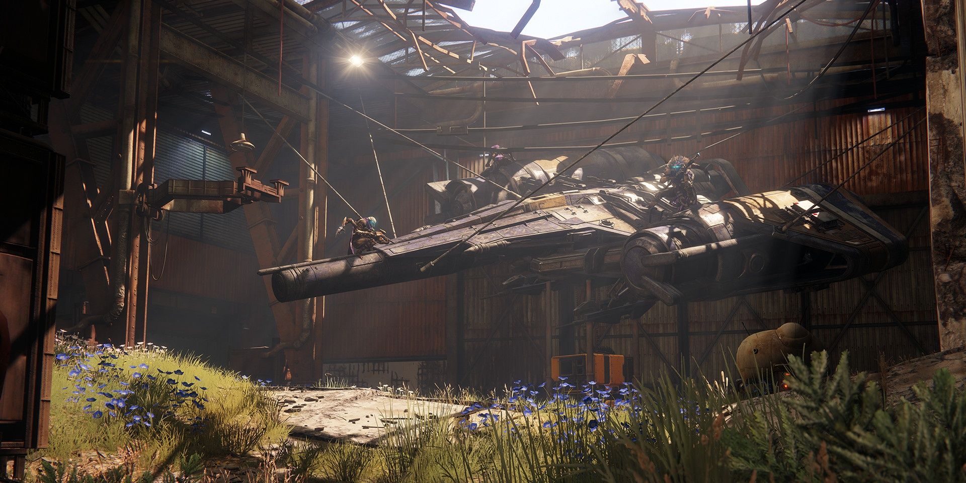 A spaceship that is suspended in a garage in Destiny 2