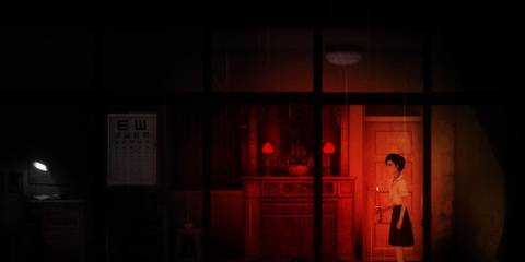 Detention girl exploring a red lighted hallway