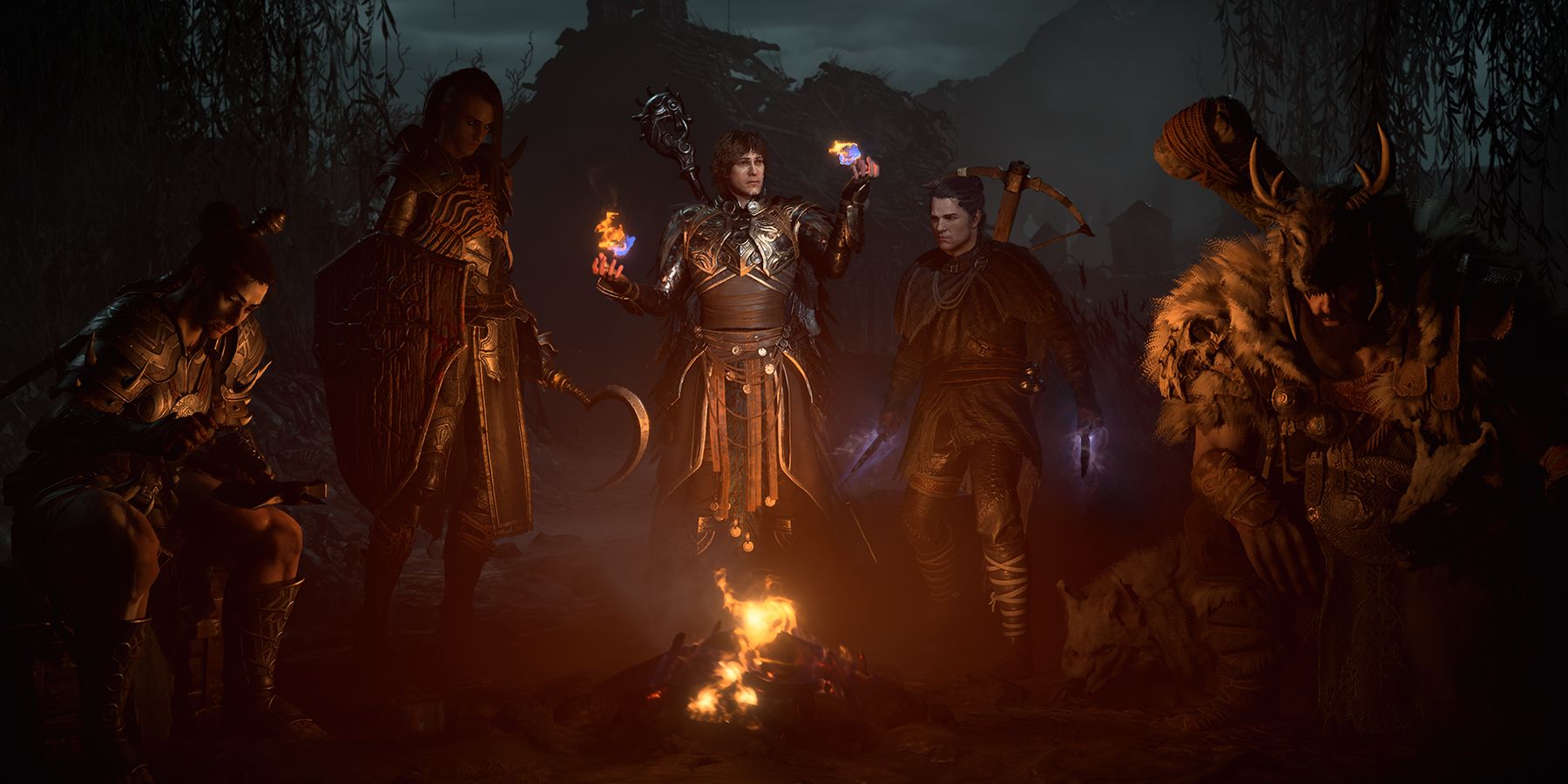 diablo 4 character classes gathered around a fire