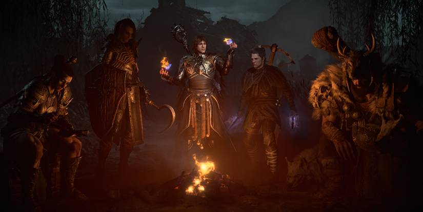 diablo 4 character classes gathered around a fire