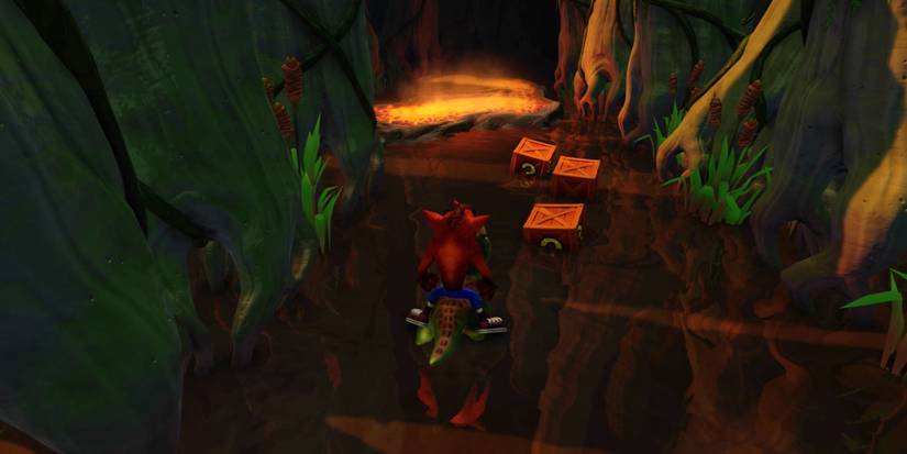 A screenshot of gameplay from the Dino Might level of Crash Bandicoot Warped