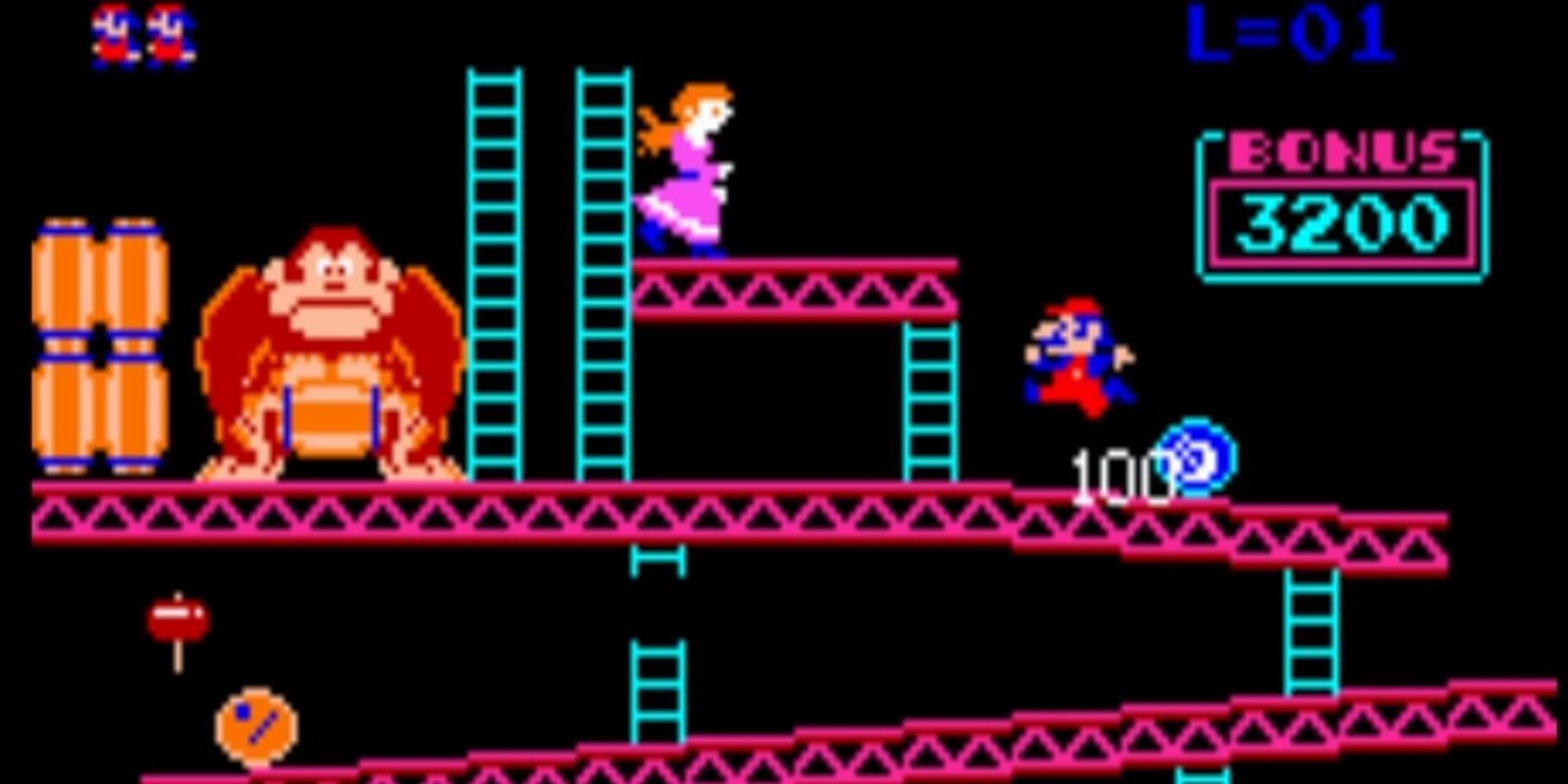 Jumpman reaching DK and Pauline in Donkey Kong