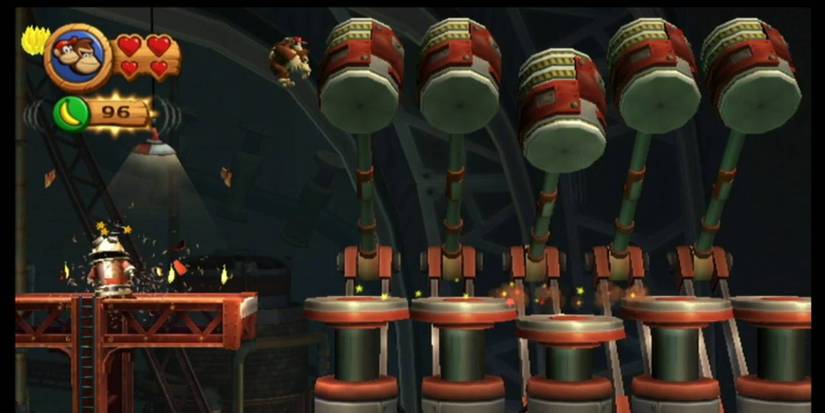 Donkey Kong and Diddy Kong jumping onto drum platforms