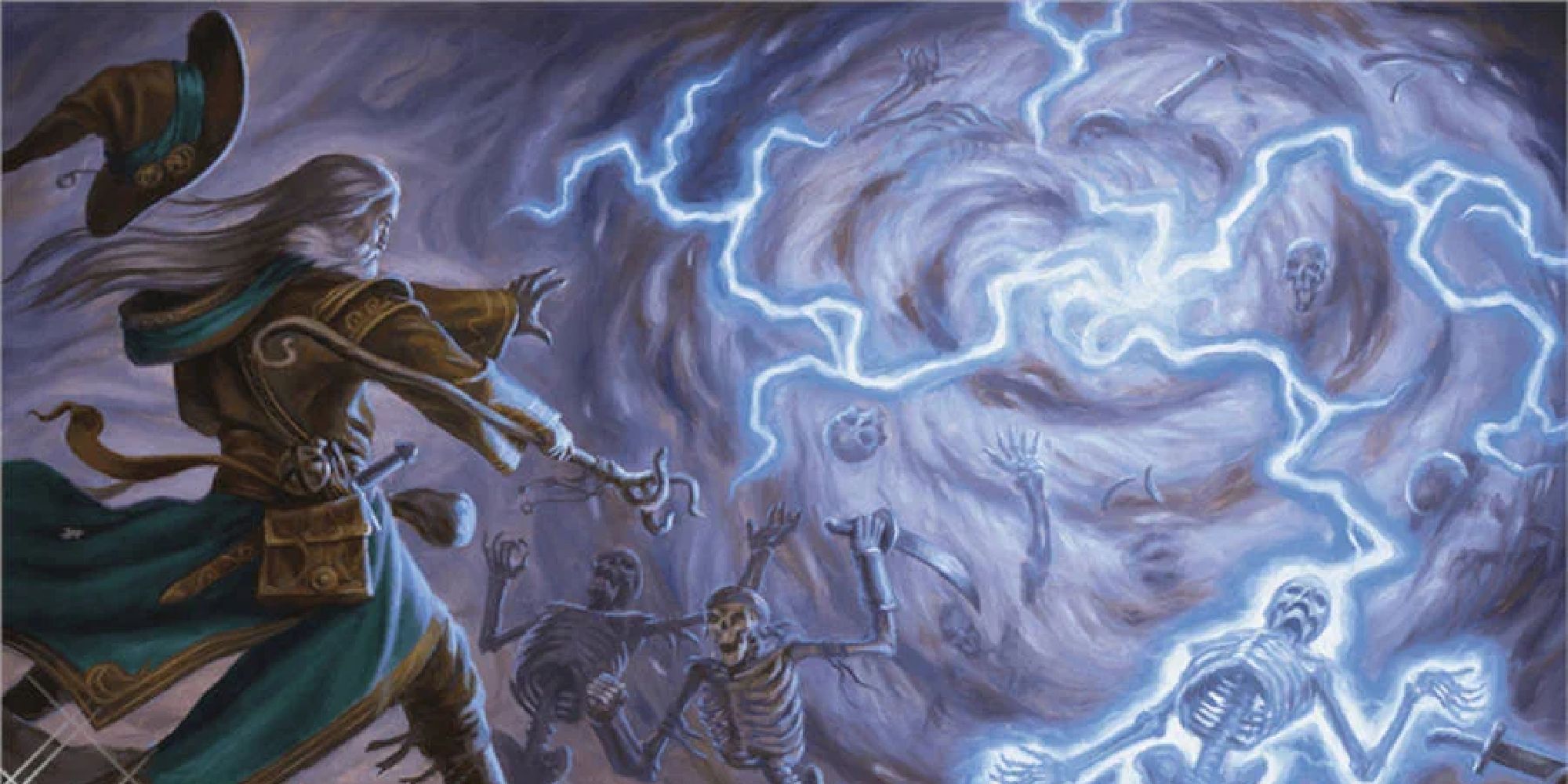 A grey-haired wizard casts a lightening spell from a swirling vortex against an army of skeletons.