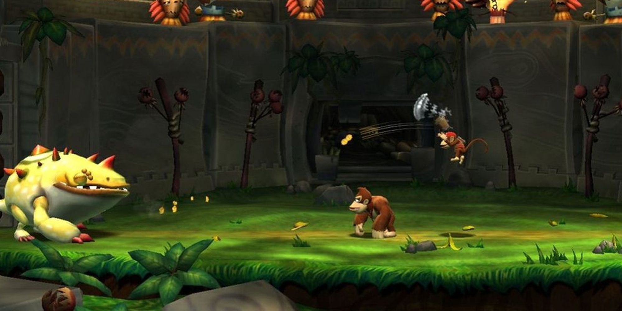 Donkey Kong and Diddy Kong fighting together in Donkey Kong Counry Returns