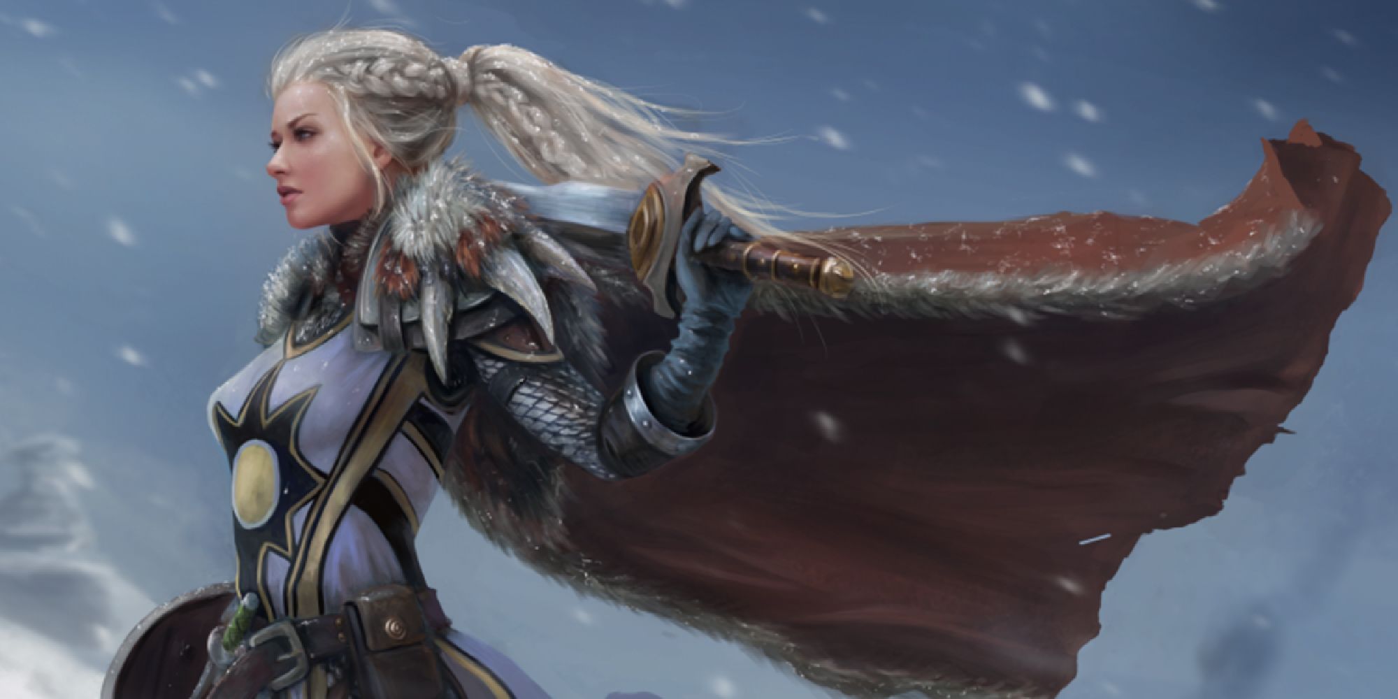 The legendary D&D character Dove Falconhand in a snowy tundra, blonde hair and cloak blowing in the breeze, Adventures of the Sworfd Coast official art