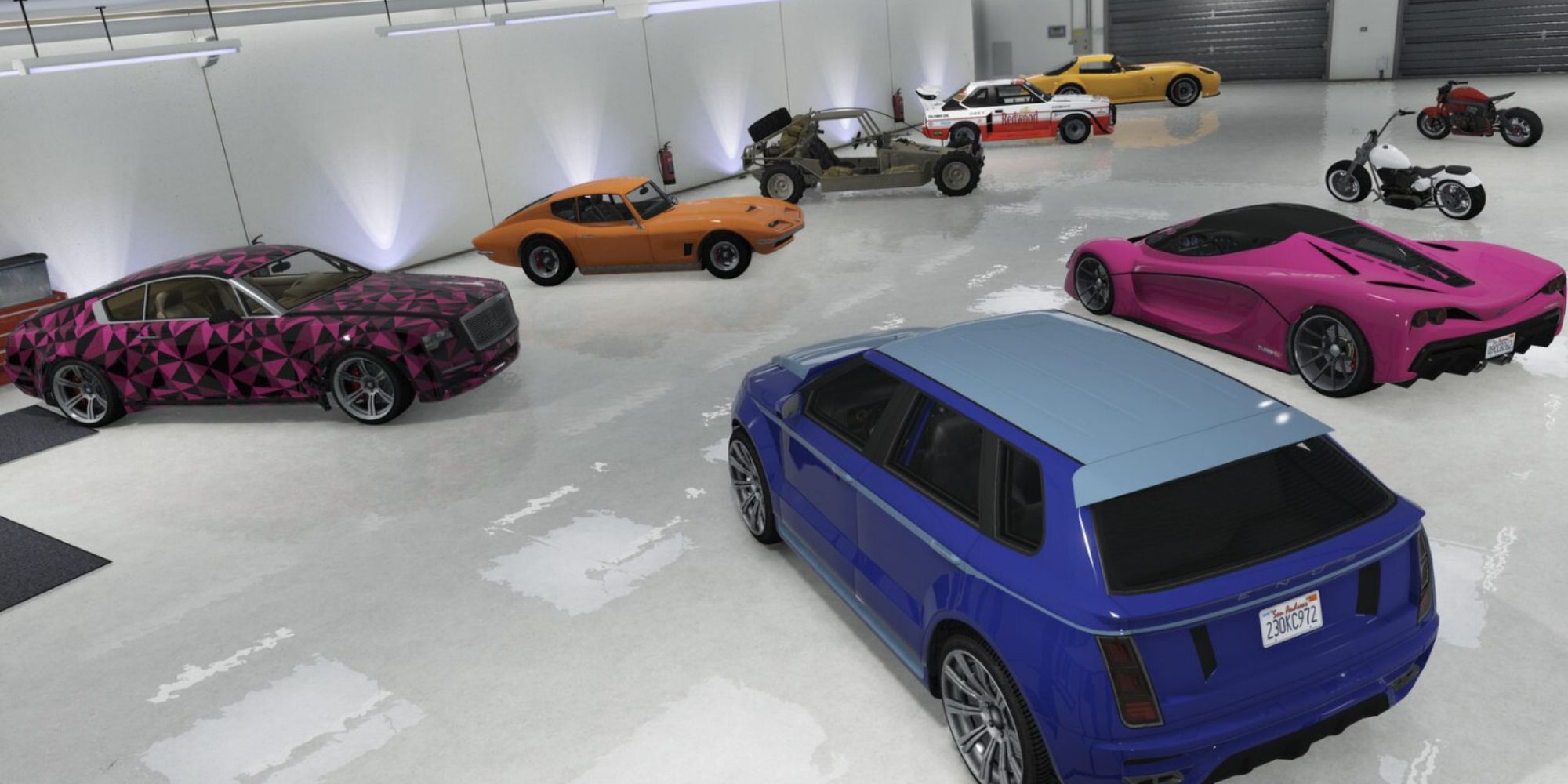 A snapshot of a garage showcasing a variety of vehicles in Grand Theft Auto V
