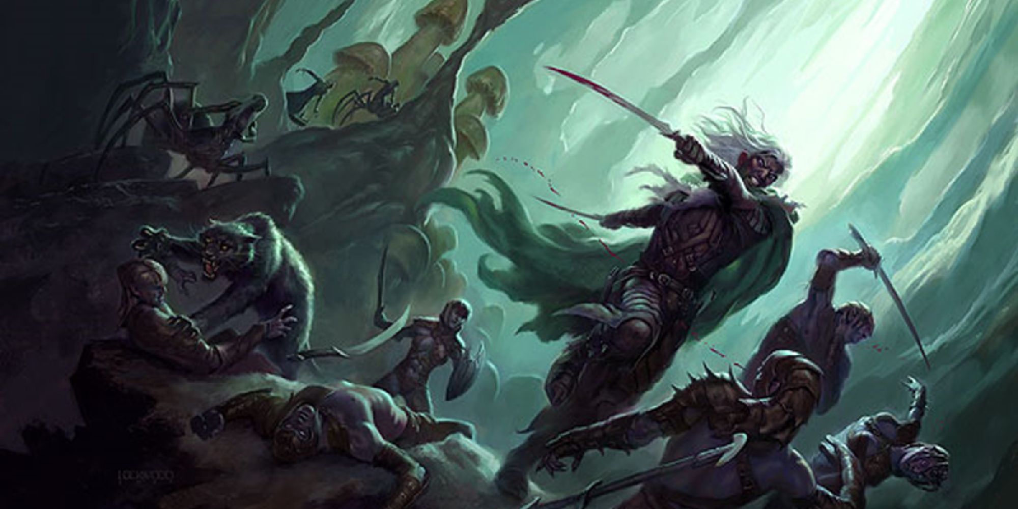 Legendary Drow Drizzt fighting off hordes of enemies. 