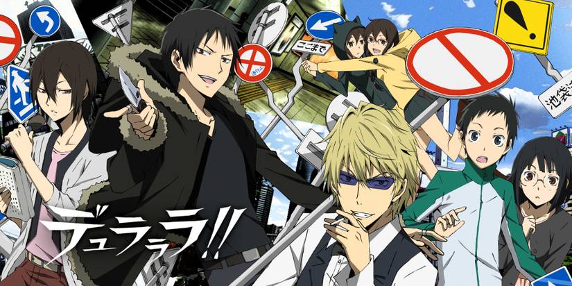 Mikado, Anri, Shizuo, Izaya, and others from Durarara!! standing together