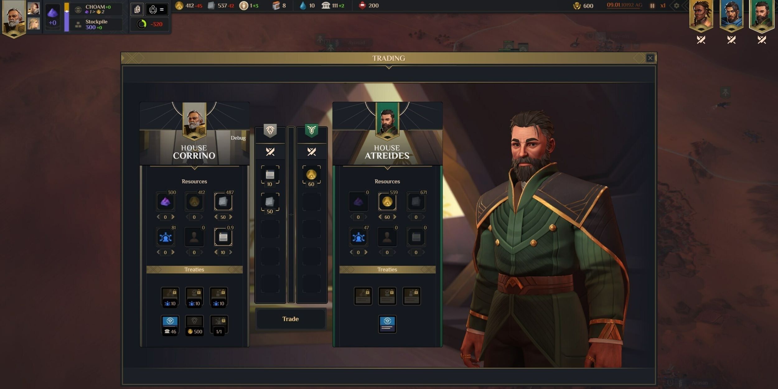 The diplomacy screen interface from Dune: Spice Wars