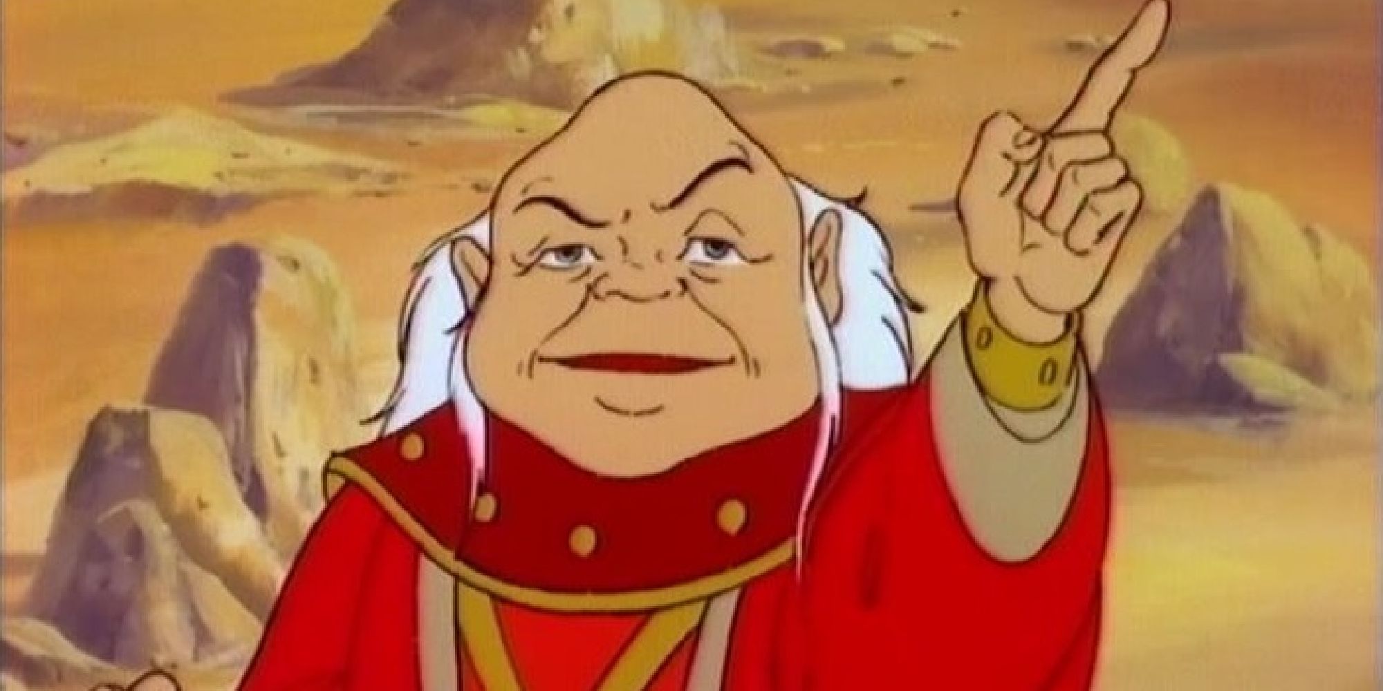 The dungeon master from the 1980s D&D cartoon, holding one finger skyward as he addresses people off-screen.