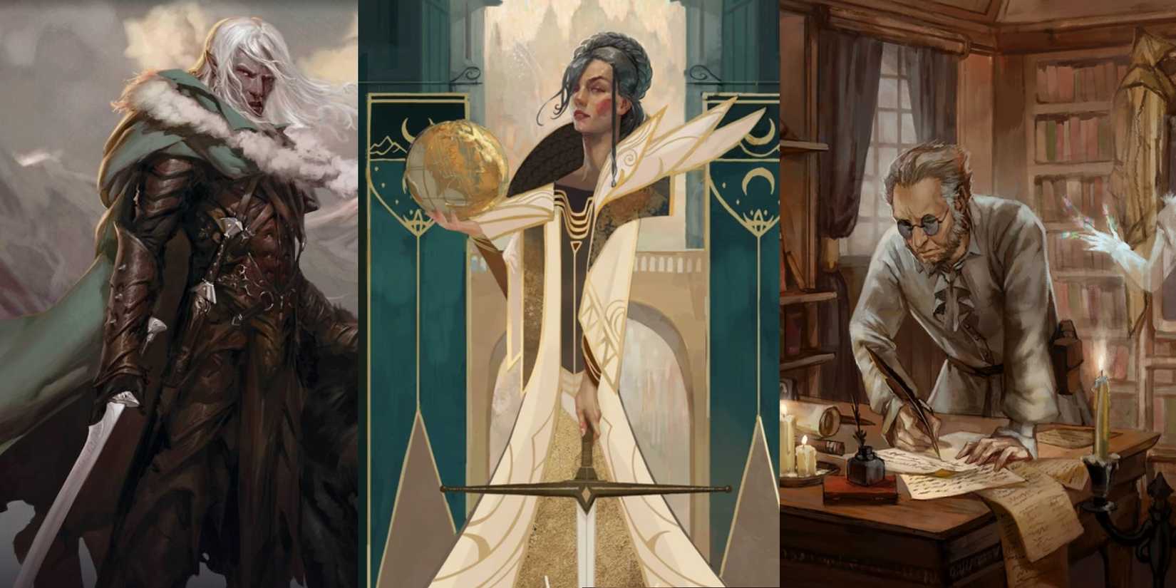 Split imagE: Heroic figures Drizzt Do'urden Laeral Silverhand and Rudolph Van Richten.  