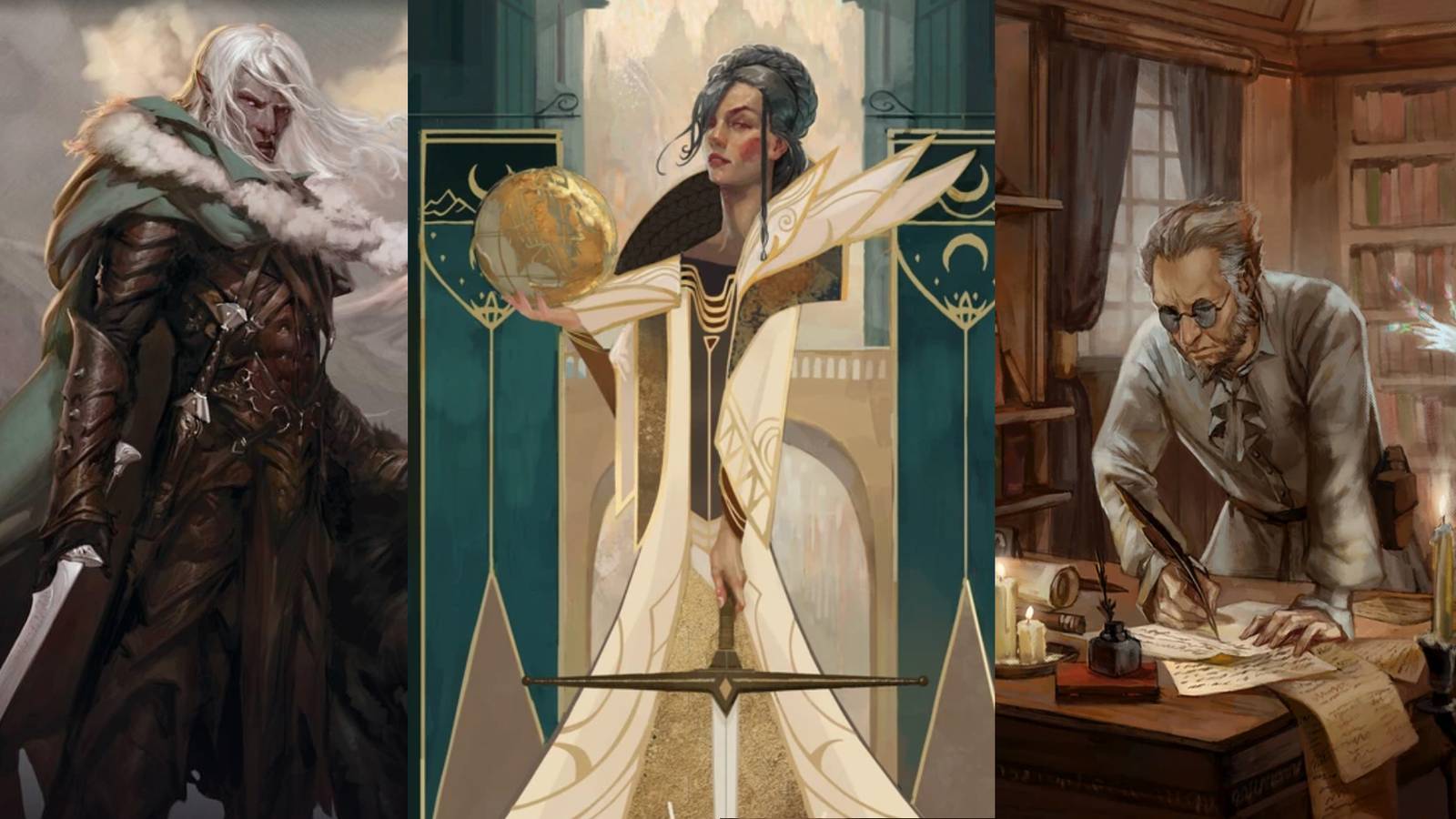 Split imagE: Heroic figures Drizzt Do'urden Laeral Silverhand and Rudolph Van Richten.  