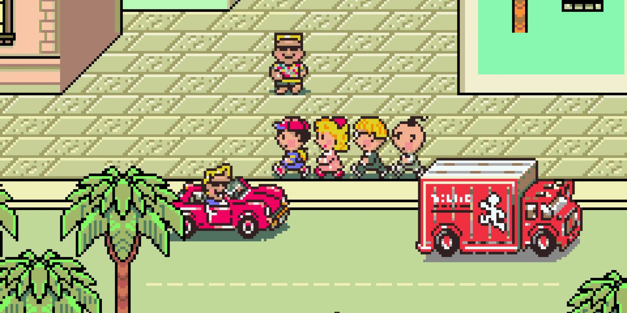 Ness, Paula, Jeff, and Poo traveling a city