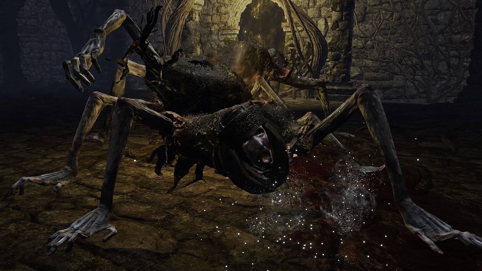 A screenshot of a Royal Revenant wandering through catacombs in Elden Ring.