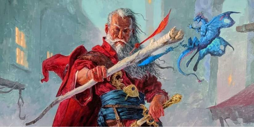 The famed wizard from the Sword Coast, holding his staff forward, a blue pseudodrahon flying in front of him. 