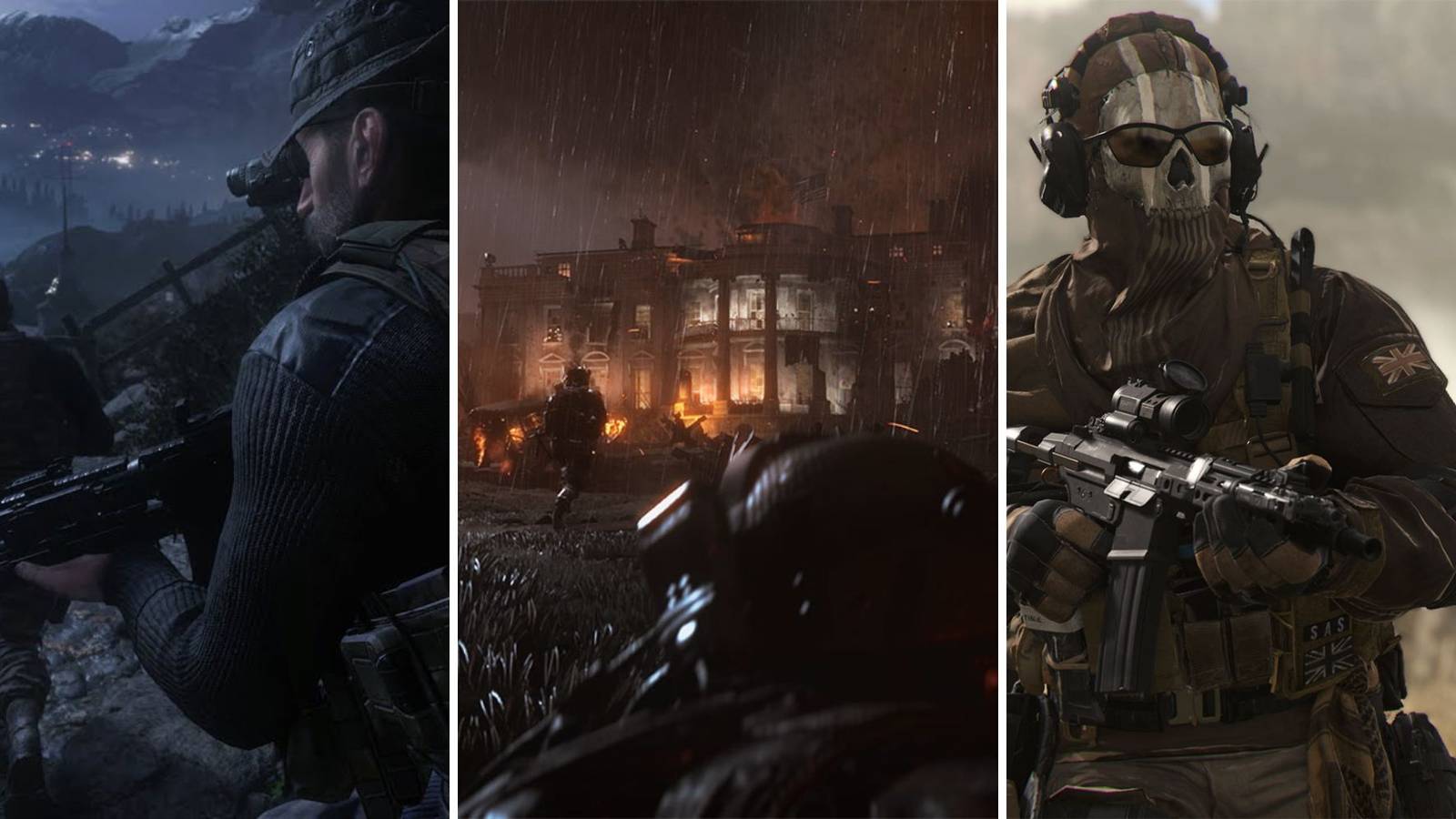 A grid showing the call of duty games Call of Duty: Modern Warfare Remastered, Call of Duty: Modern Warfare 2 Remastered, and Call of Duty: Modern Warfare 2 (2022)