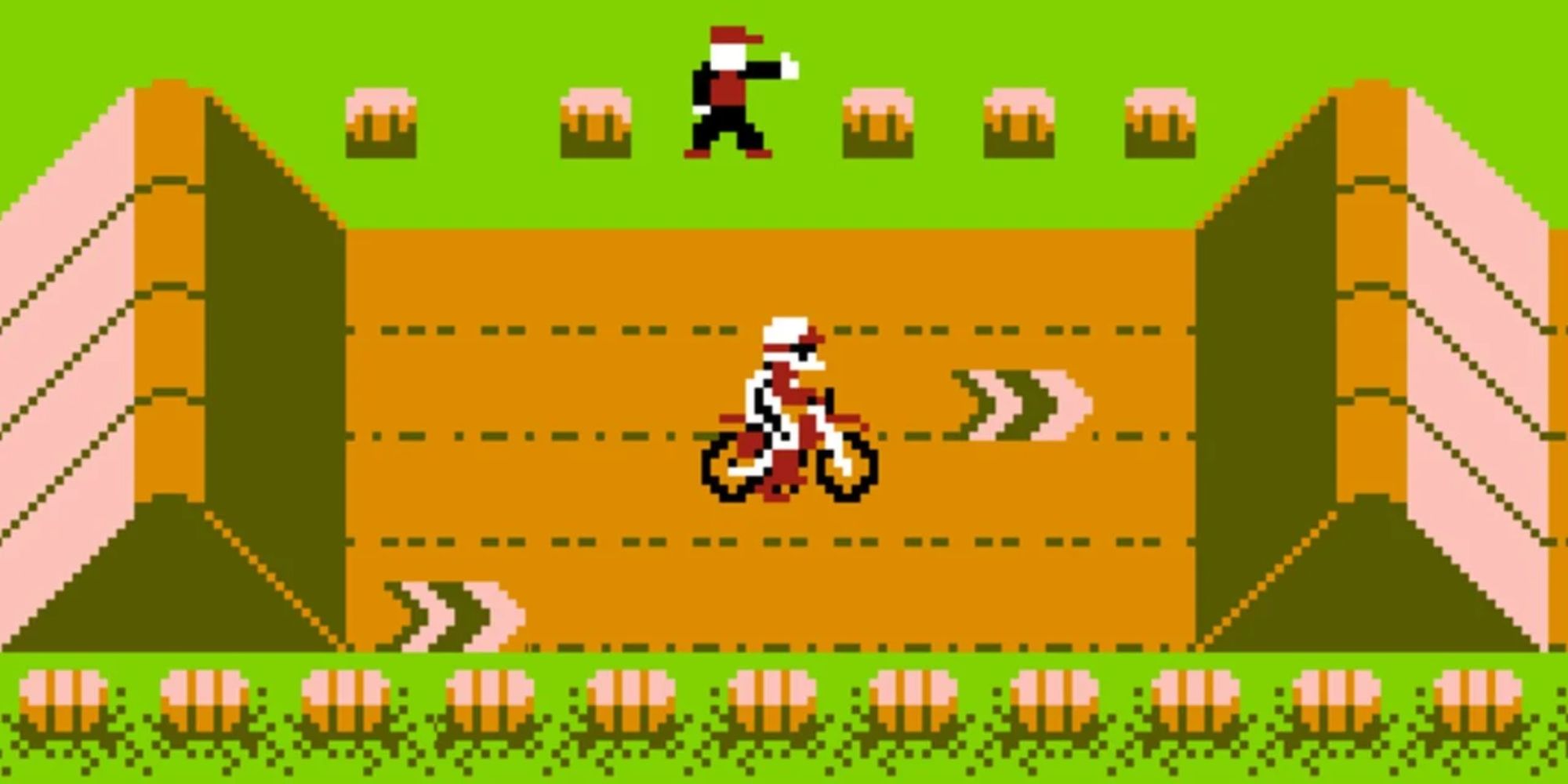 A single racer on the track in Excitebike for NES