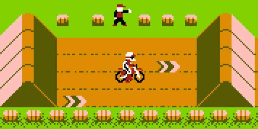 A single racer on the track in Excitebike for NES