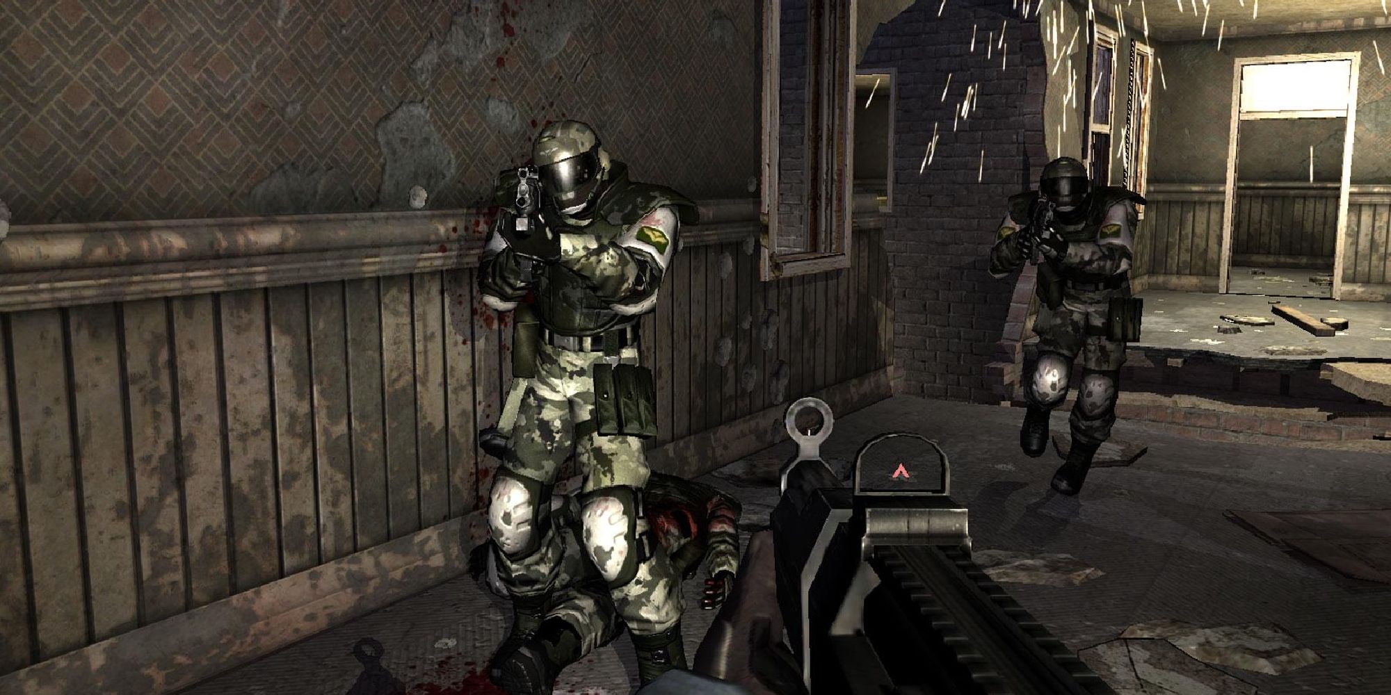Screenshot of the proganosut levelling his gun at enemies from a first-person perspective in a run-down building. 