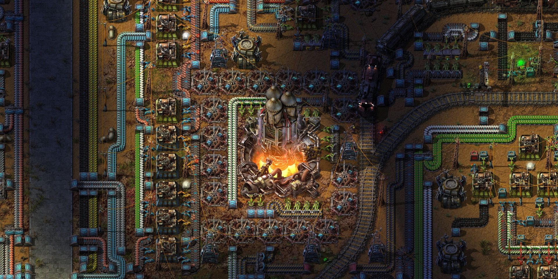 A rocket being launched from a factory in Factorio