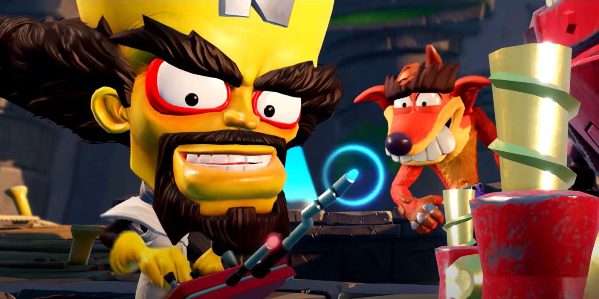 Fake Crash Bandicoot is in the background looking at Neo Cortex as he operates machinery