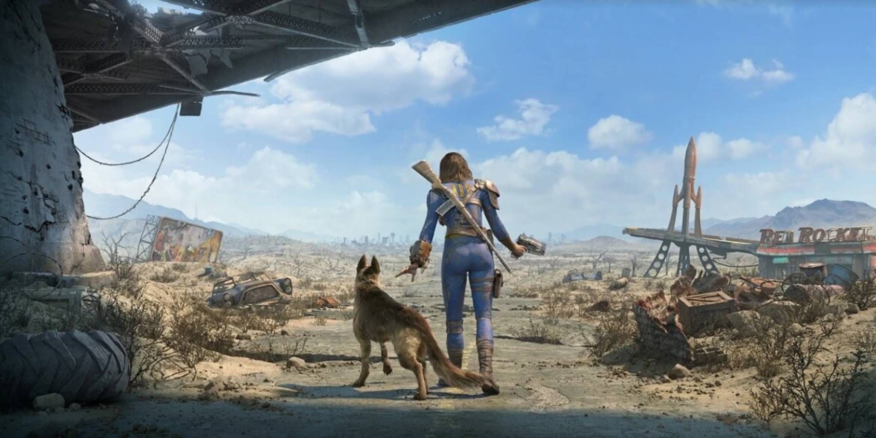 Promotional art of the Sole Survivor and Dogmeat from Fallout 4