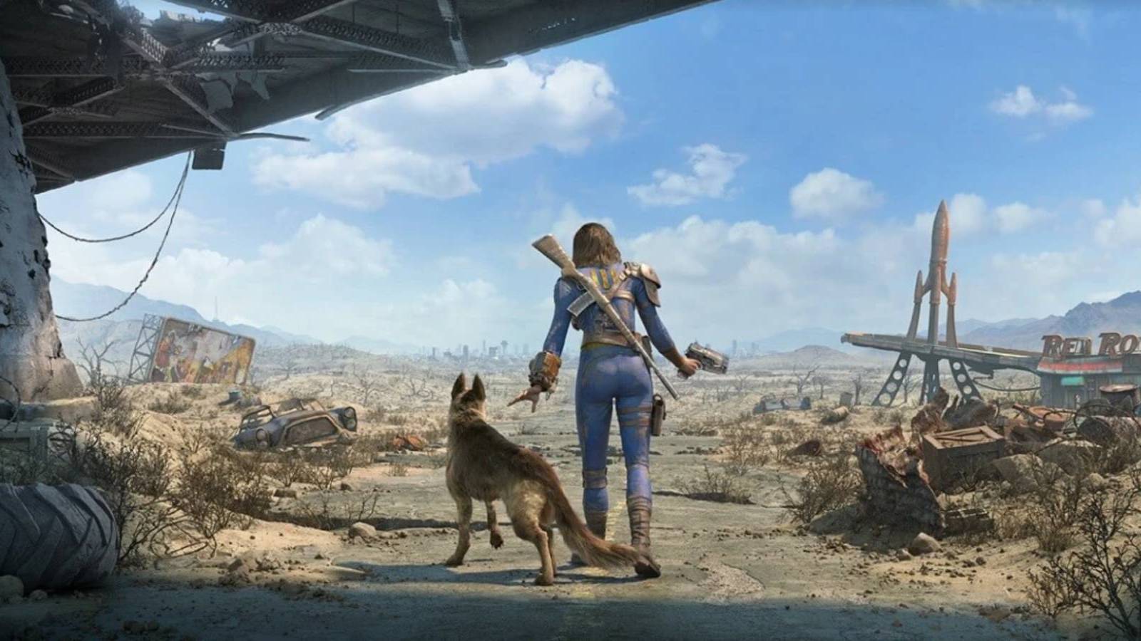 Promotional art of the Sole Survivor and Dogmeat from Fallout 4