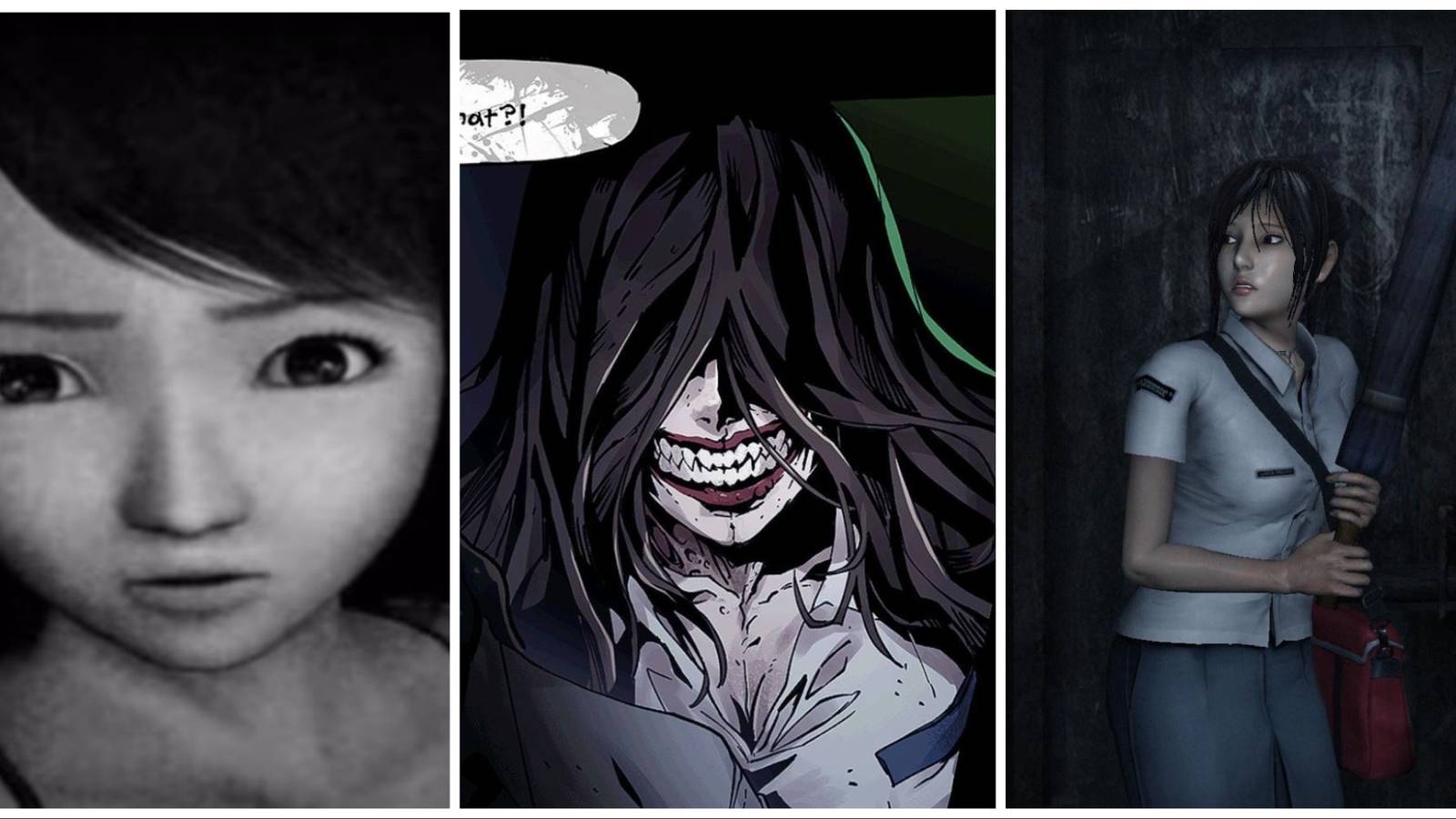 2 horror game protagonist and one monster in a collage