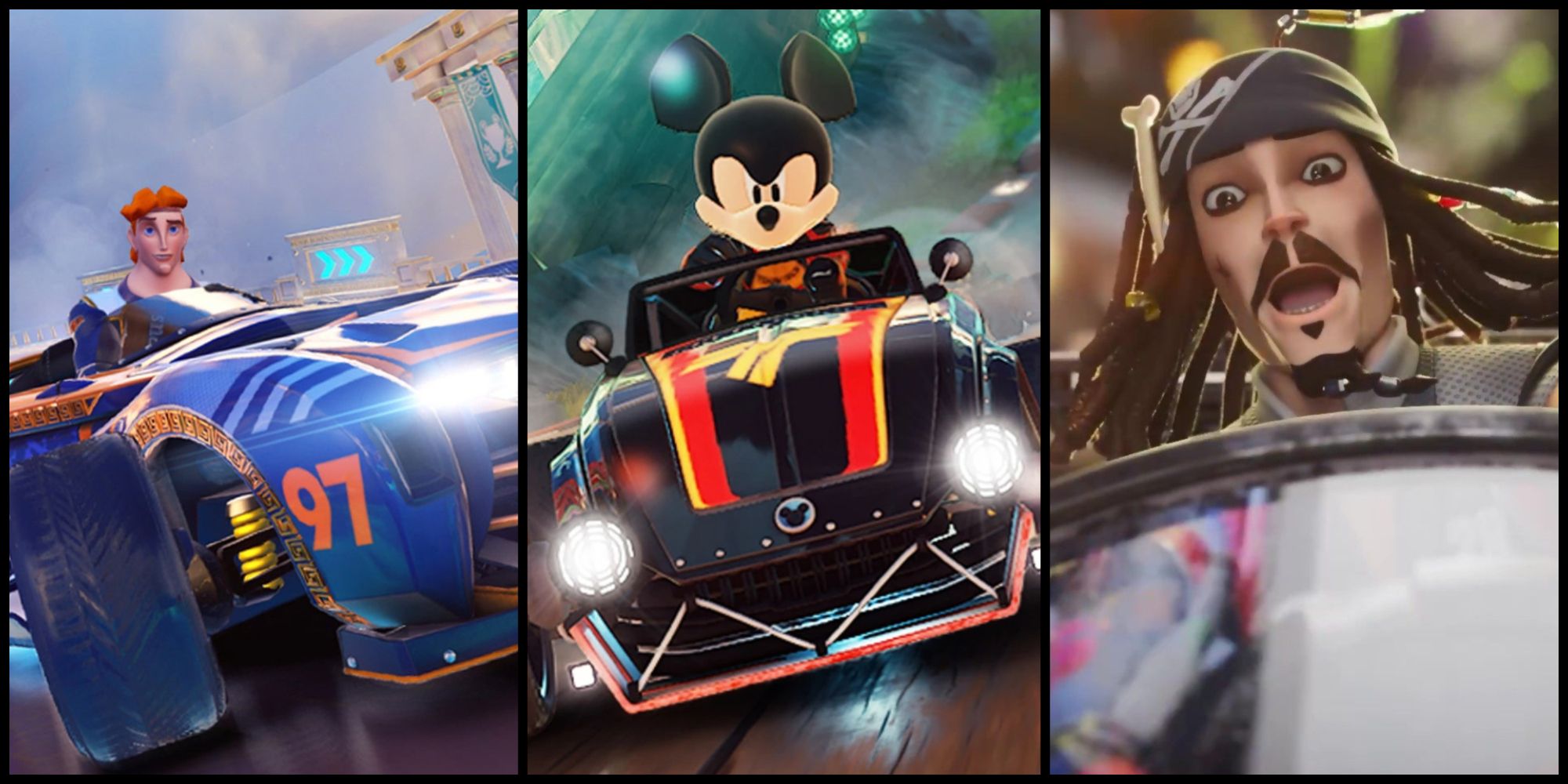 Hercules, Mickey Mouse and Captain Jack Sparrow riding karts from Disney Speedstorm