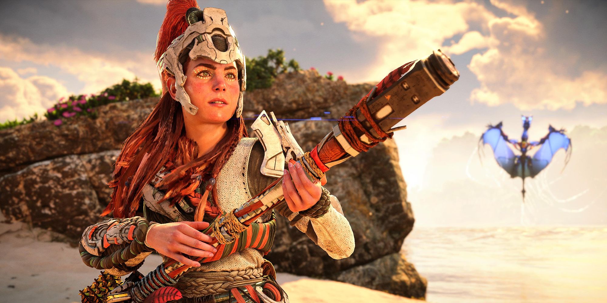 Aloy holding spear with Waterwing in the background on a beach